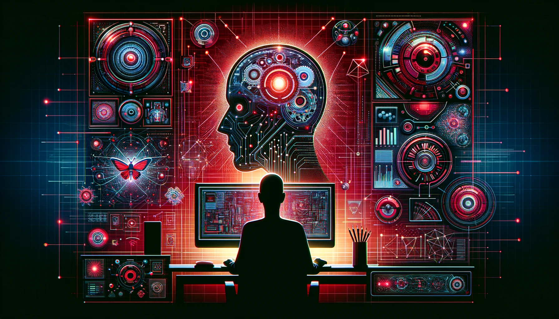 Futuristic control panel with a person's silhouette against a digital interface, embodying the intersection of humanity and AI technology.