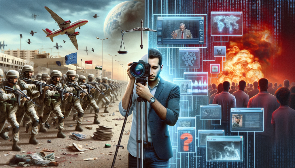 Journalist in war zone with camera juxtaposed against futuristic AI interface displaying deep fakes and news articles, symbolizing the impact of Generative AI in conflict journalism.