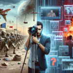 Journalist in war zone with camera juxtaposed against futuristic AI interface displaying deep fakes and news articles, symbolizing the impact of Generative AI in conflict journalism.