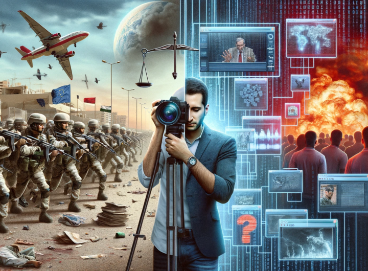 Journalist in war zone with camera juxtaposed against futuristic AI interface displaying deep fakes and news articles, symbolizing the impact of Generative AI in conflict journalism.