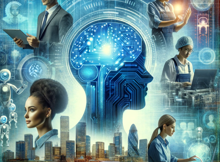 Digital collage featuring diverse professionals engaging with AI interfaces against a futuristic cityscape, symbolizing the impact of AI on the workforce.