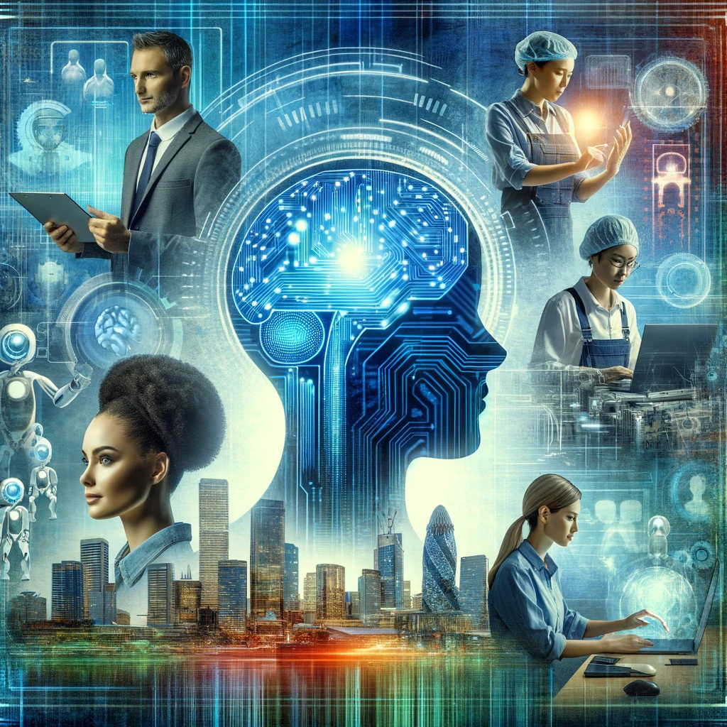 Digital collage featuring diverse professionals engaging with AI interfaces against a futuristic cityscape, symbolizing the impact of AI on the workforce.