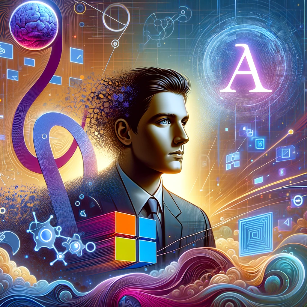 Illustration of Sam Altman amidst symbols of OpenAI and Microsoft, signifying his strategic transition in the AI industry.