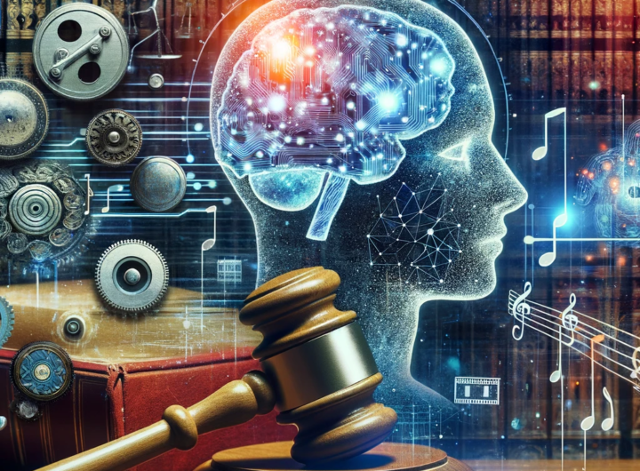 A sophisticated collage featuring a gavel, AI brain, music notes, and film reels against a courtroom and digital background, symbolizing the intersection of law, AI, and creative industries.