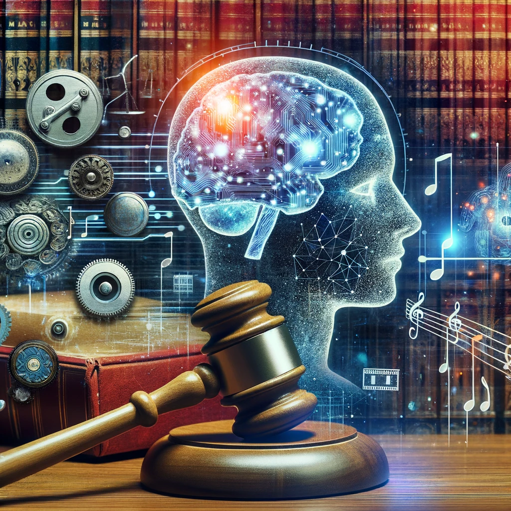 A sophisticated collage featuring a gavel, AI brain, music notes, and film reels against a courtroom and digital background, symbolizing the intersection of law, AI, and creative industries.