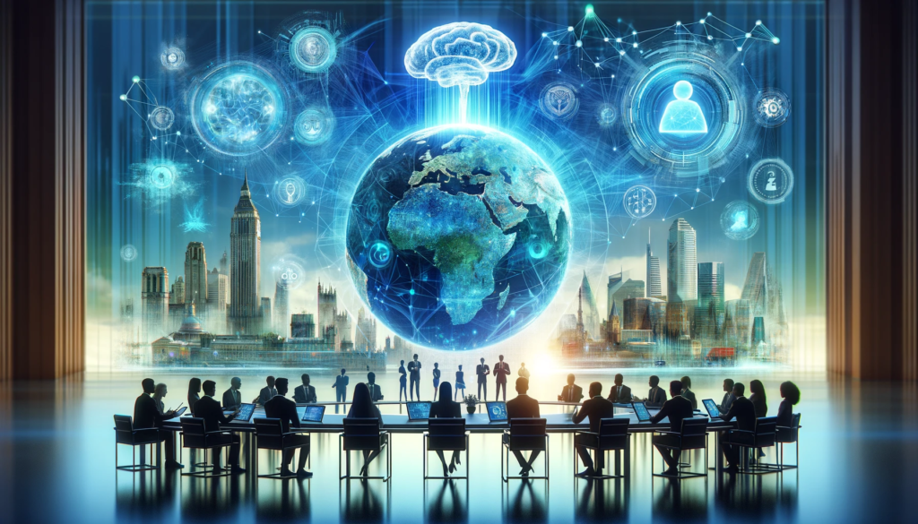 Global leaders collaborating on AI regulation in a futuristic setting, symbolizing international unity and technological advancement.