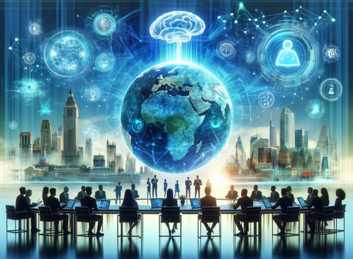 Global leaders collaborating on AI regulation in a futuristic setting, symbolizing international unity and technological advancement.