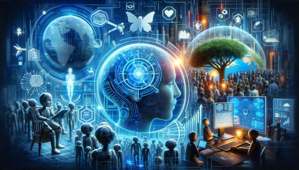 A dynamic representation of the AI-driven future, showcasing diverse human interaction with advanced technology in healthcare, education, and global development.