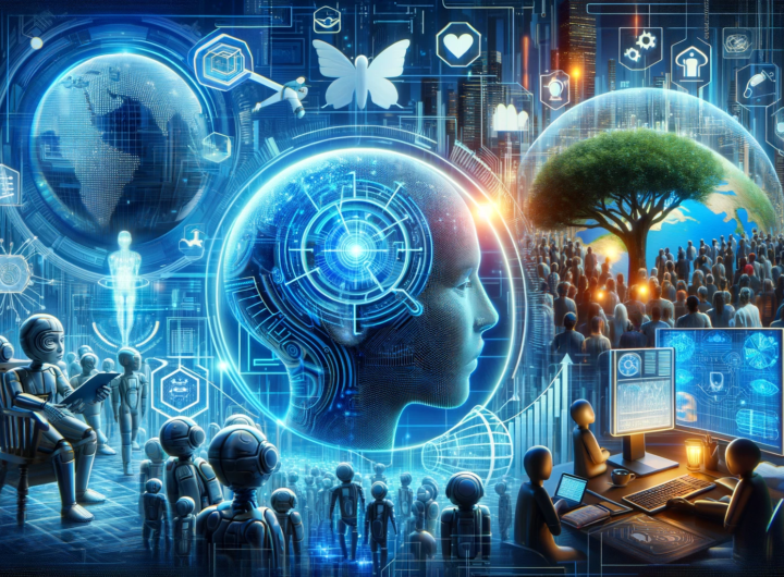 A dynamic representation of the AI-driven future, showcasing diverse human interaction with advanced technology in healthcare, education, and global development.