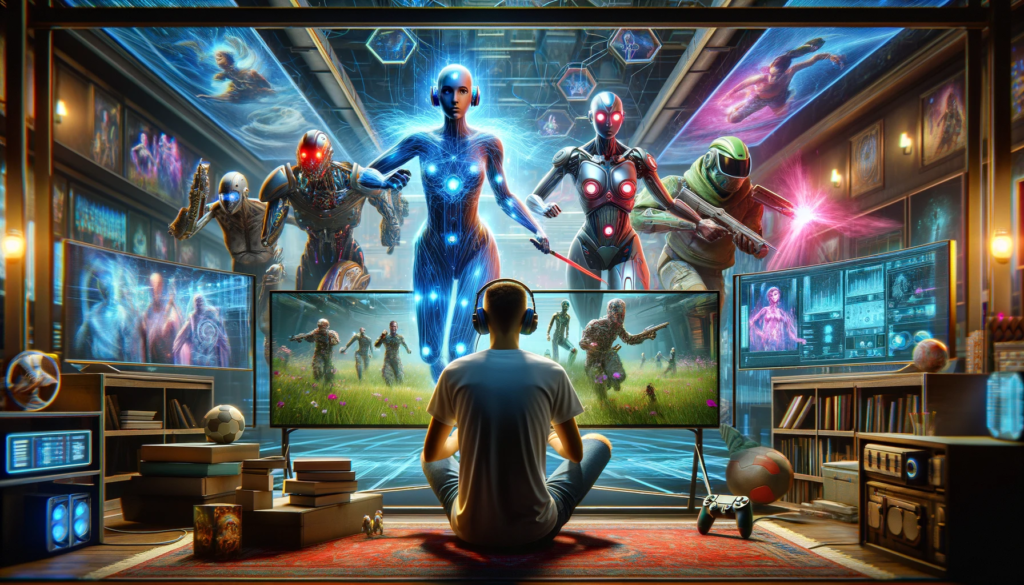 Futuristic gaming scene with AI-driven characters surrounding an immersed gamer in a high-tech environment.