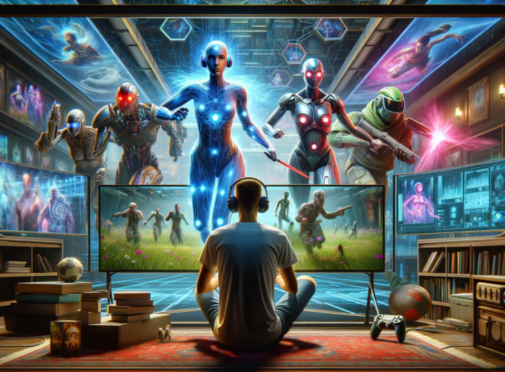 Futuristic gaming scene with AI-driven characters surrounding an immersed gamer in a high-tech environment.