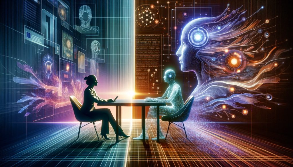 Futuristic interview scene showing a human silhouette at a high-tech desk opposite a translucent AI neural network, with a digital data stream flowing between them, set against a backdrop featuring subtle EU symbols.