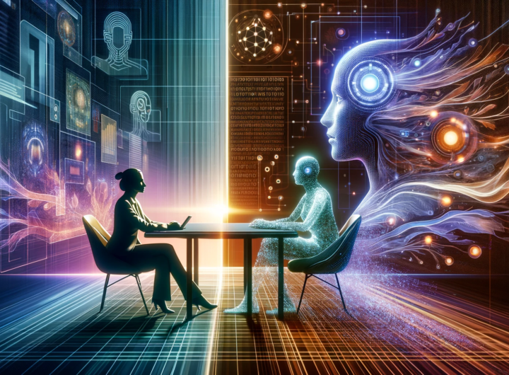 Futuristic interview scene showing a human silhouette at a high-tech desk opposite a translucent AI neural network, with a digital data stream flowing between them, set against a backdrop featuring subtle EU symbols.