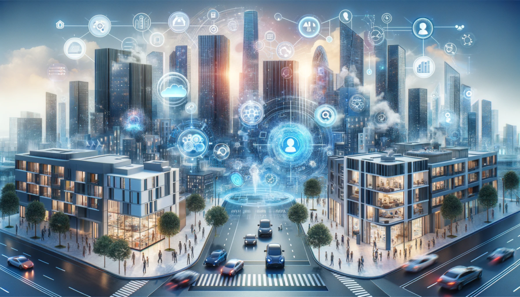 Futuristic Cityscape with Integrated AI in 2024: Smart Buildings and Autonomous Vehicles