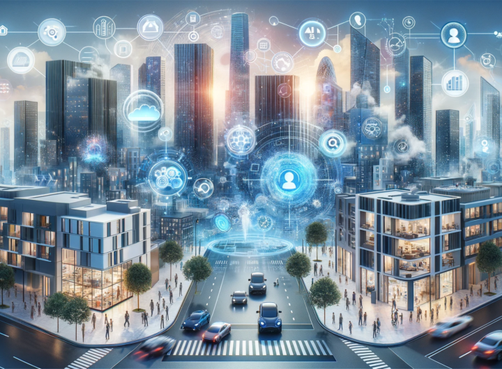 Futuristic Cityscape with Integrated AI in 2024: Smart Buildings and Autonomous Vehicles