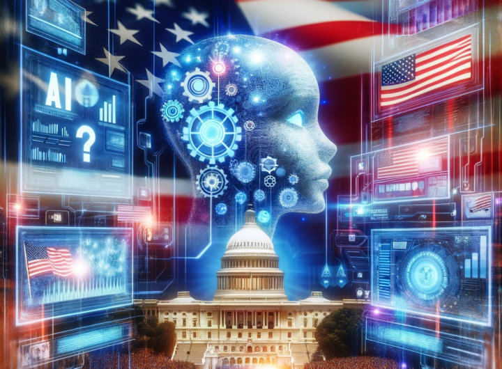 Futuristic blend of AI and American politics, featuring AI chatbots and symbols of democracy.