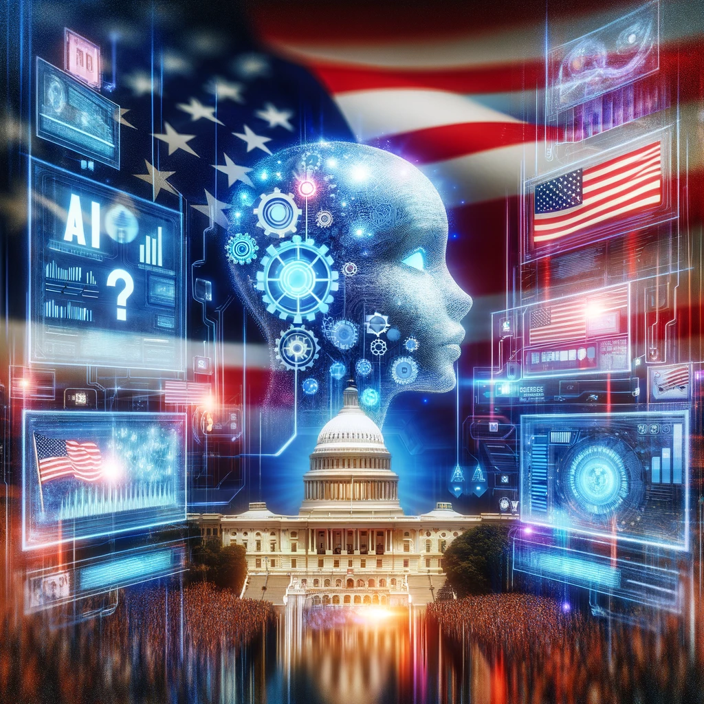 Futuristic blend of AI and American politics, featuring AI chatbots and symbols of democracy.