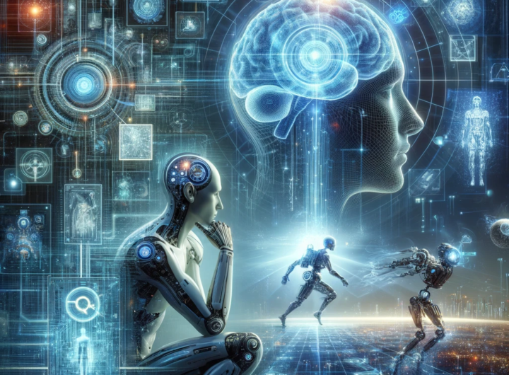 A conceptual image depicting the fusion of human contemplation and advanced AI technology, illustrating the balance of AI's potential and existential risks.