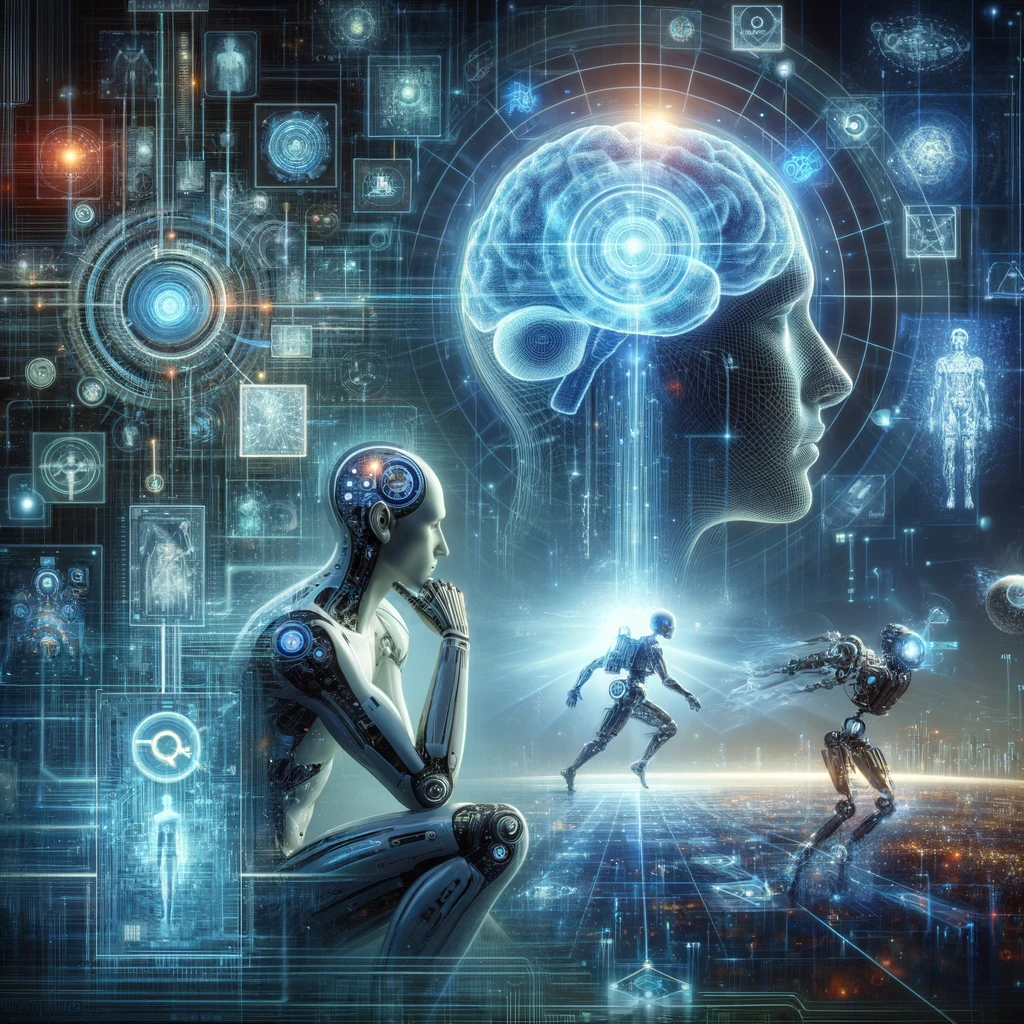 A conceptual image depicting the fusion of human contemplation and advanced AI technology, illustrating the balance of AI's potential and existential risks.