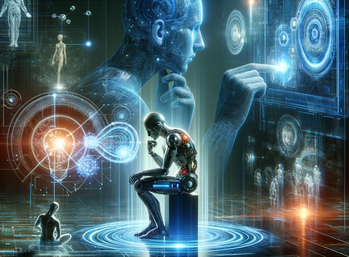 Human figure contemplating advanced AI technology in a futuristic setting, symbolizing the convergence of human intelligence and machine learning.