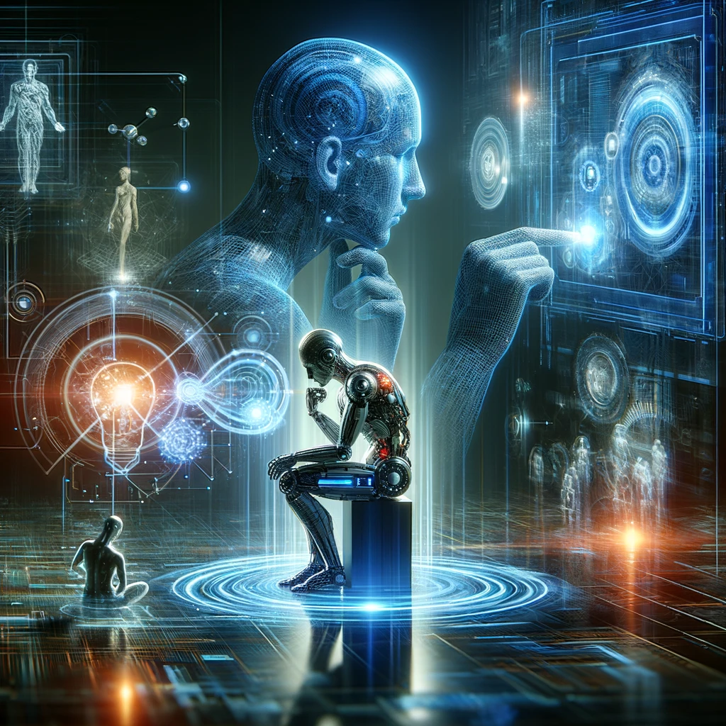 Human figure contemplating advanced AI technology in a futuristic setting, symbolizing the convergence of human intelligence and machine learning.