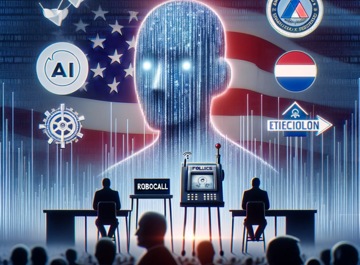 Digital illustration of AI's misuse in political campaigning, symbolizing the New Hampshire robocall scandal with political imagery.