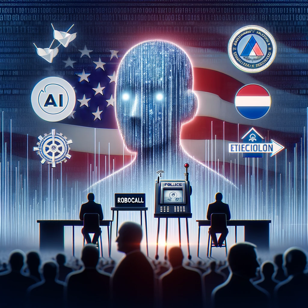 Digital illustration of AI's misuse in political campaigning, symbolizing the New Hampshire robocall scandal with political imagery.