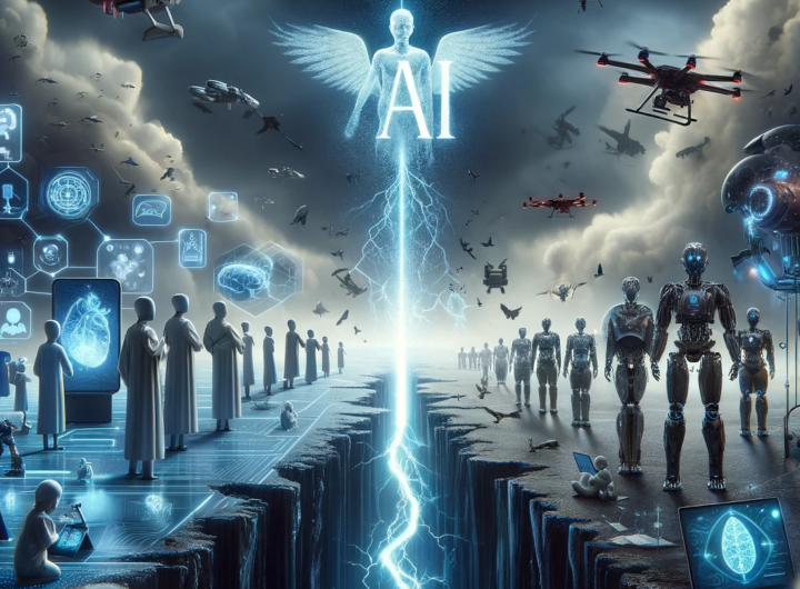 A conceptual representation of the future of AI, highlighting the philosophical divide within the AI community, ethical considerations of military AI use, and the enigmatic advancements of Q*.