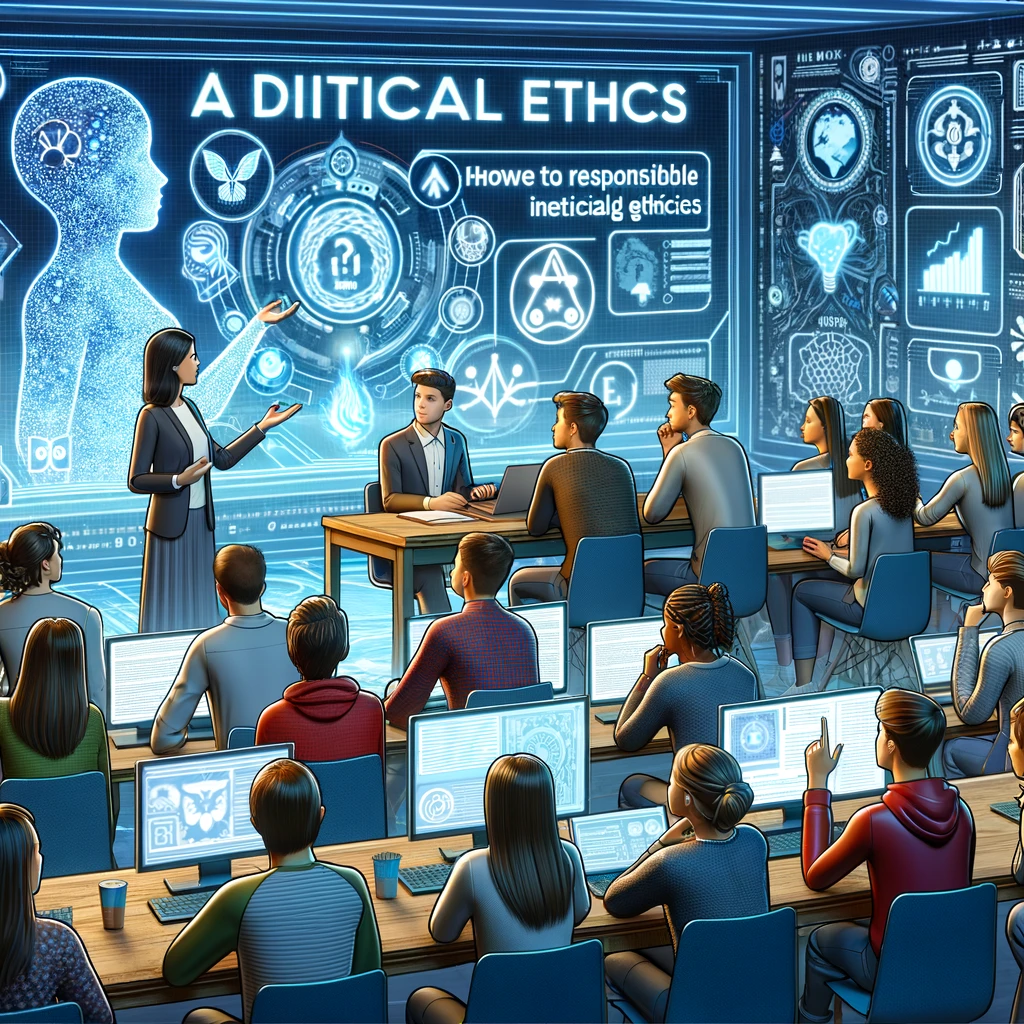 Ethical discussion in a classroom with students and a teacher exploring AI challenges.