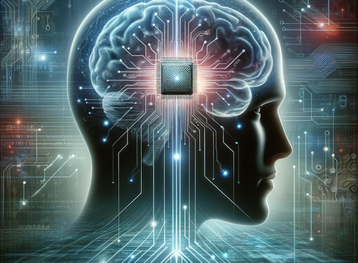 Conceptual illustration of Neuralink's brain-computer interface technology with a human silhouette and a highlighted brain interconnected with digital networks.