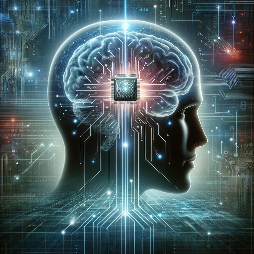 Conceptual illustration of Neuralink's brain-computer interface technology with a human silhouette and a highlighted brain interconnected with digital networks.