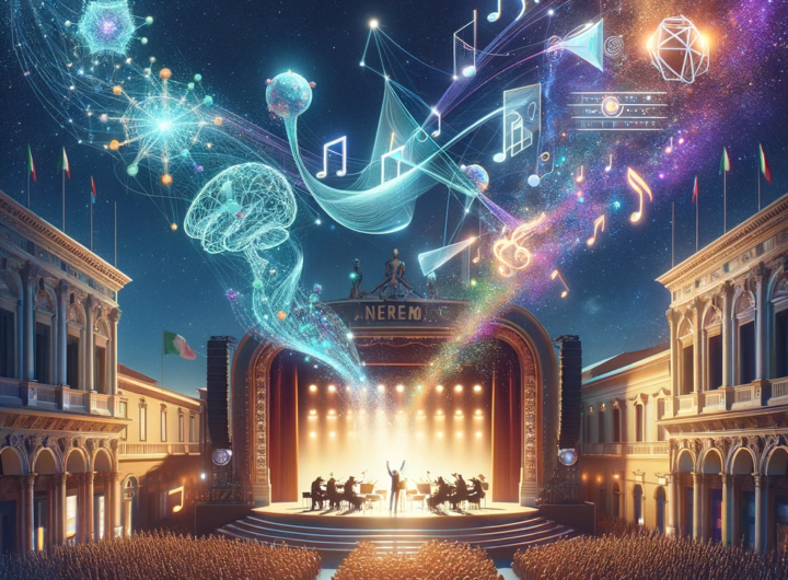 Digital interface with AI elements overlaying the Sanremo music festival stage, symbolizing the fusion of AI predictions with Italy's iconic music competition.