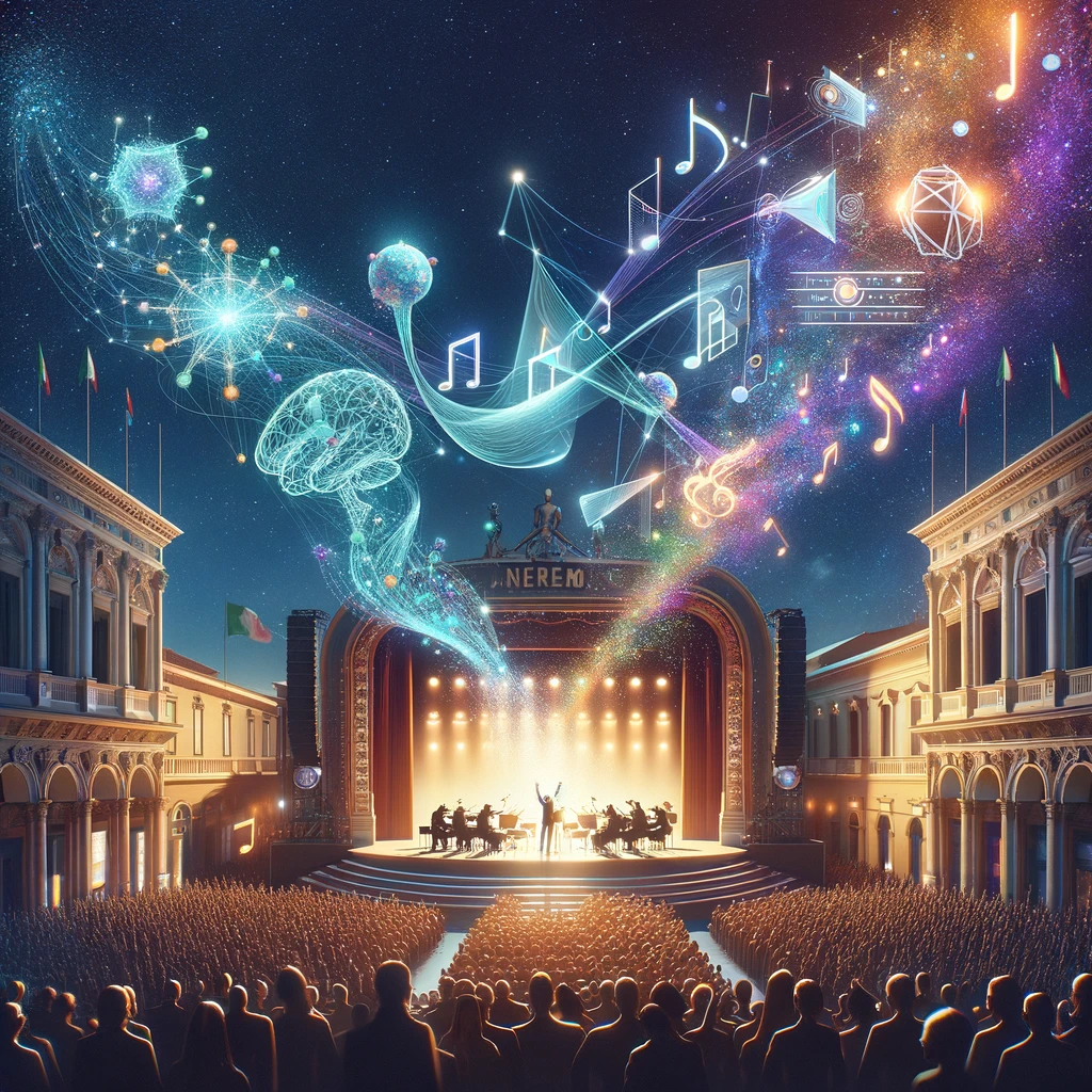 Digital interface with AI elements overlaying the Sanremo music festival stage, symbolizing the fusion of AI predictions with Italy's iconic music competition.