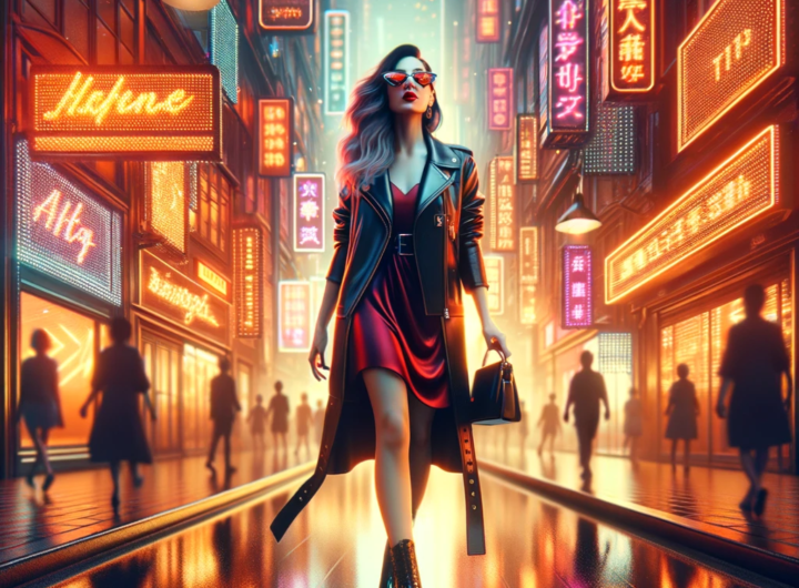 A stylish woman walking down a neon-lit futuristic city street at night, reflecting the seamless blend of human creativity and AI innovation.