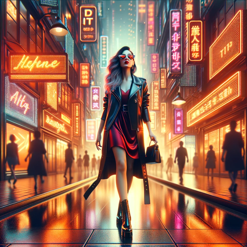 A stylish woman walking down a neon-lit futuristic city street at night, reflecting the seamless blend of human creativity and AI innovation.