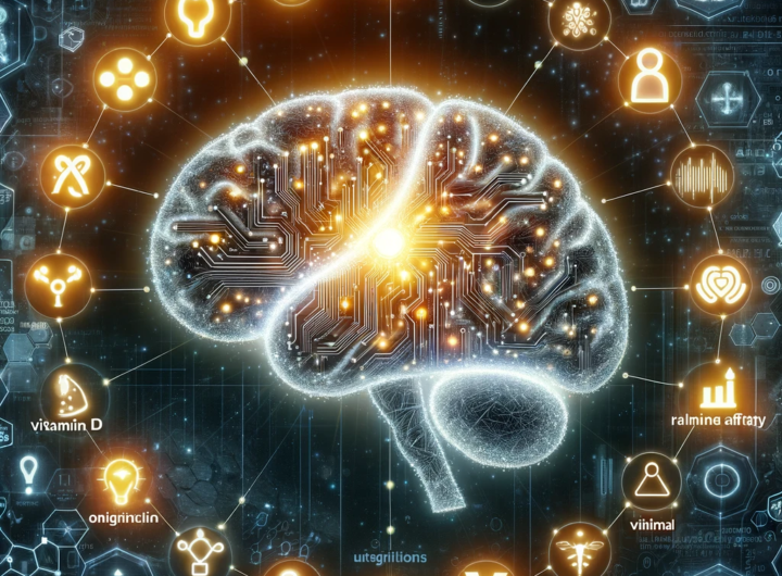 AI-driven discovery in Alzheimer's research depicting a brain with digital circuits highlighting novel risk factors.