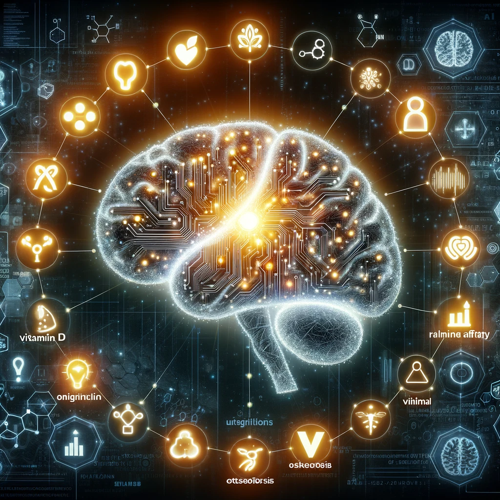 AI-driven discovery in Alzheimer's research depicting a brain with digital circuits highlighting novel risk factors.