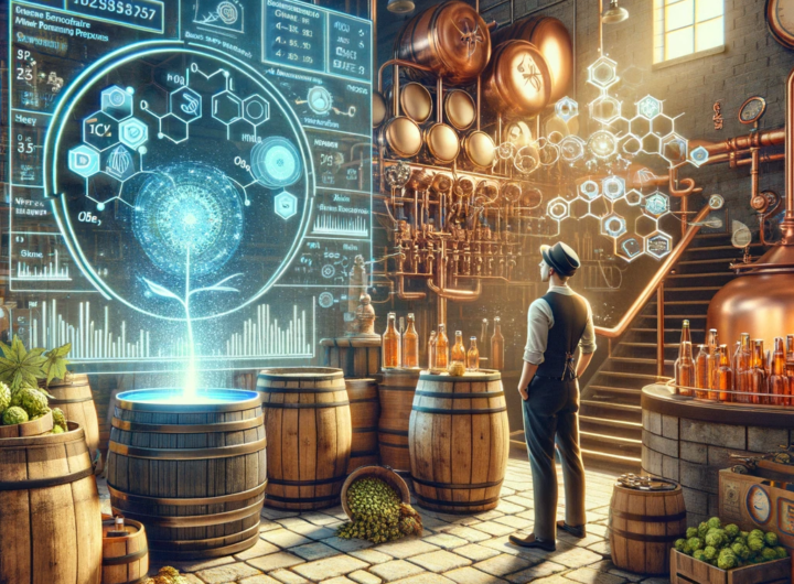 A traditional brewer examines a futuristic holographic display of beer flavor profiles and data analytics in an old-fashioned brewery.