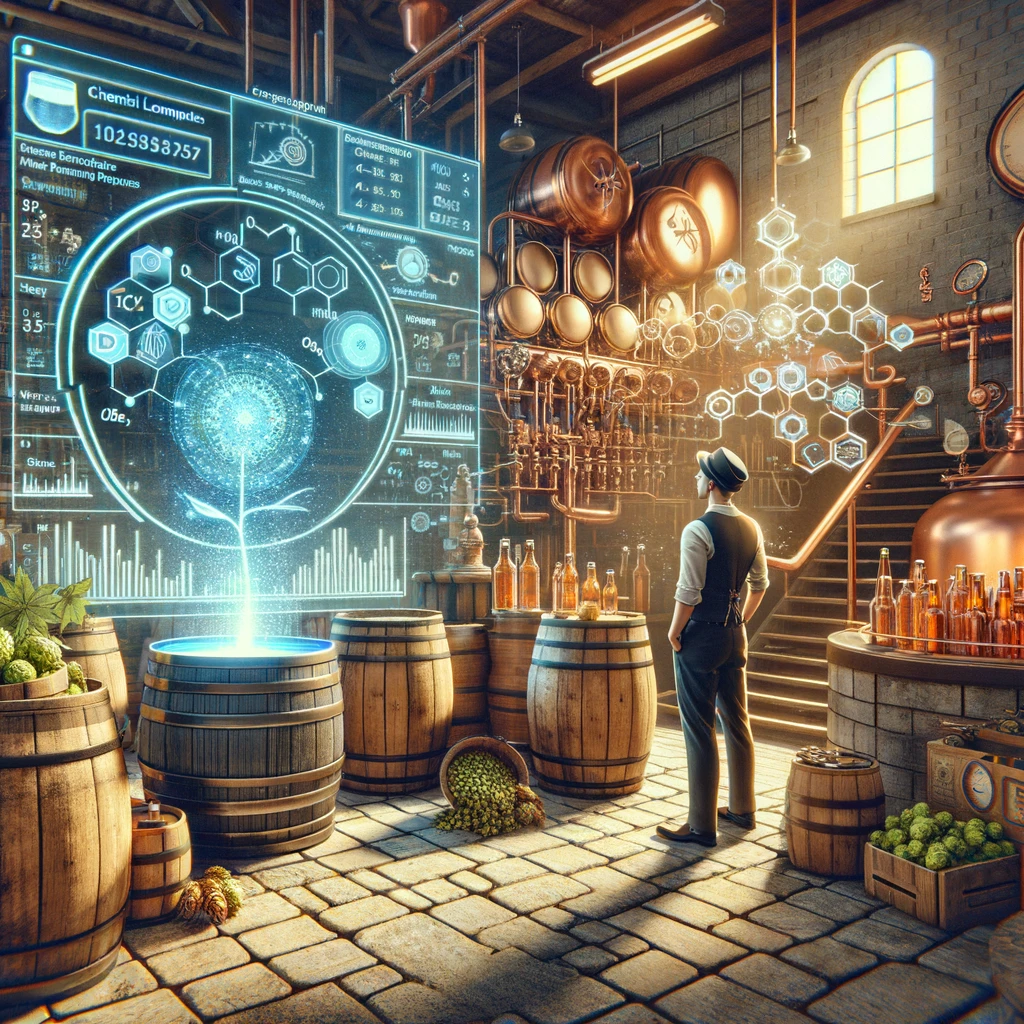 A traditional brewer examines a futuristic holographic display of beer flavor profiles and data analytics in an old-fashioned brewery.