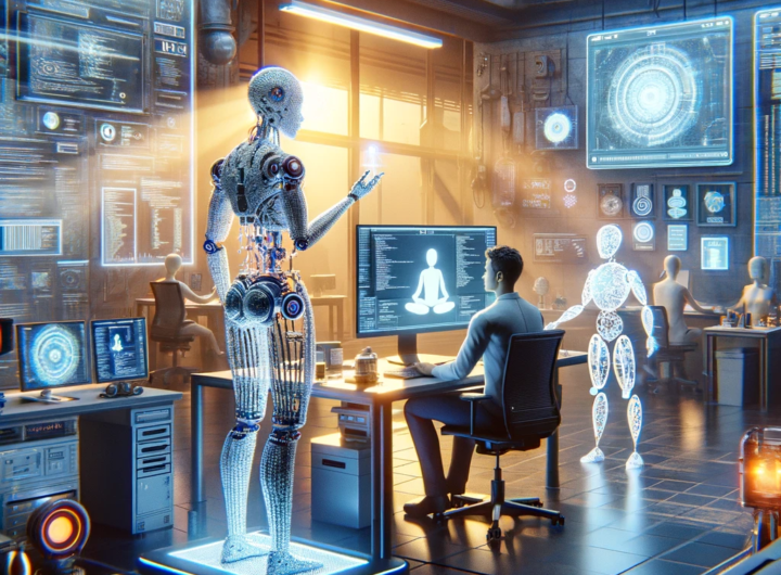 Futuristic workspace illustrating human and AI collaboration with Devin and 'Figure 01'.