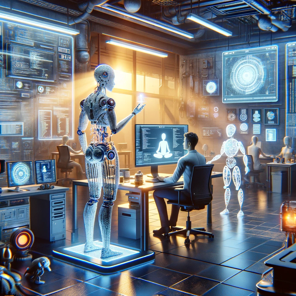 Futuristic workspace illustrating human and AI collaboration with Devin and 'Figure 01'.