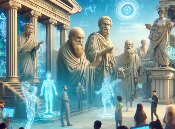 A digital illustration of ancient Greek philosophers, including Socrates, Plato, and Aristotle, depicted as holograms in a virtual reality setting, interacting with modern scholars amid a blend of ancient architecture and futuristic technology.