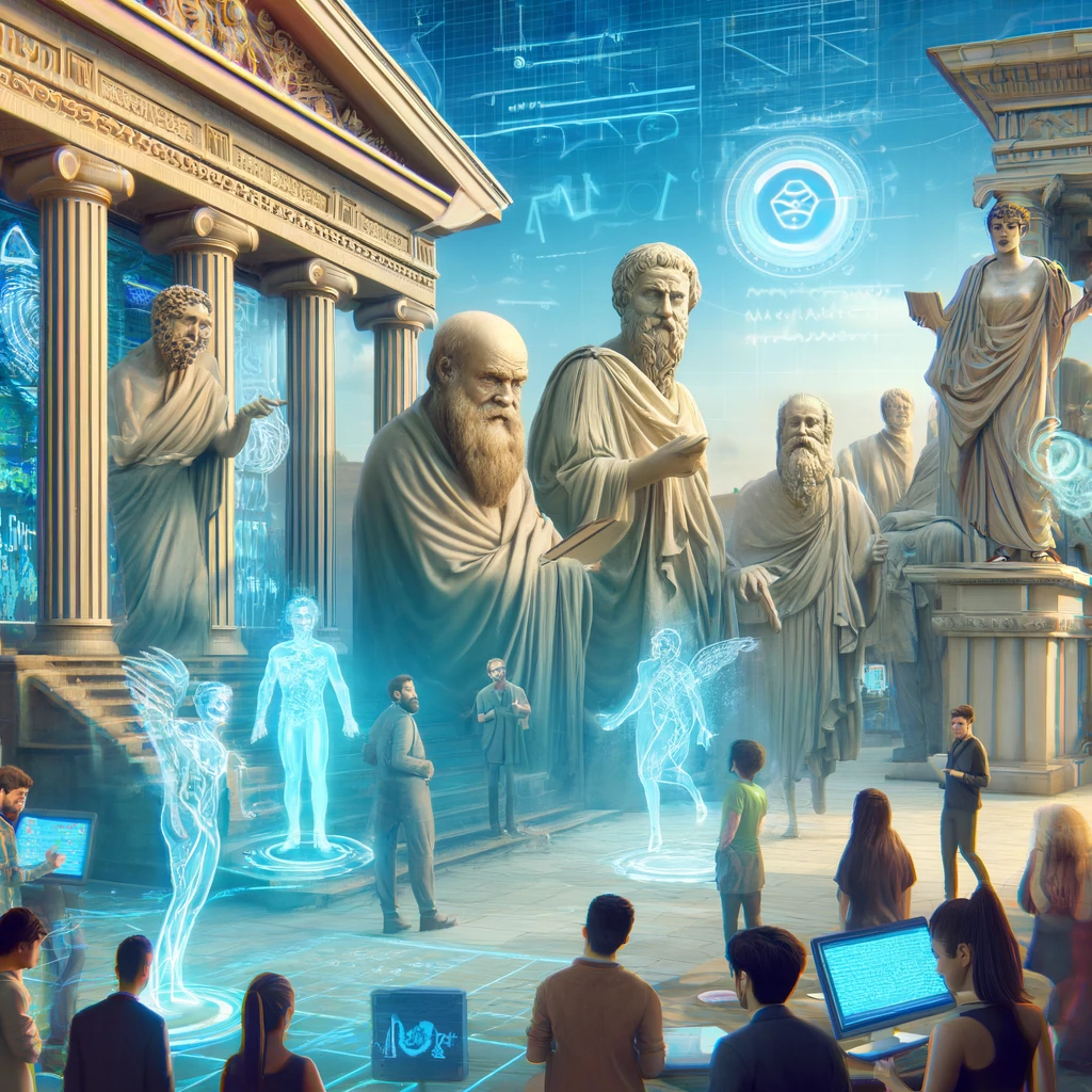 A digital illustration of ancient Greek philosophers, including Socrates, Plato, and Aristotle, depicted as holograms in a virtual reality setting, interacting with modern scholars amid a blend of ancient architecture and futuristic technology.