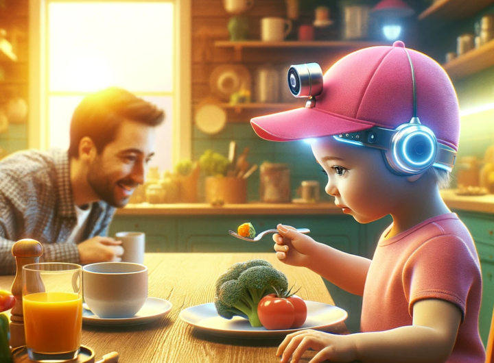 A toddler at a breakfast table, wearing a bright pink cap with a camera, interacting with parents in a cozy kitchen setting, symbolizing learning and technology integration.