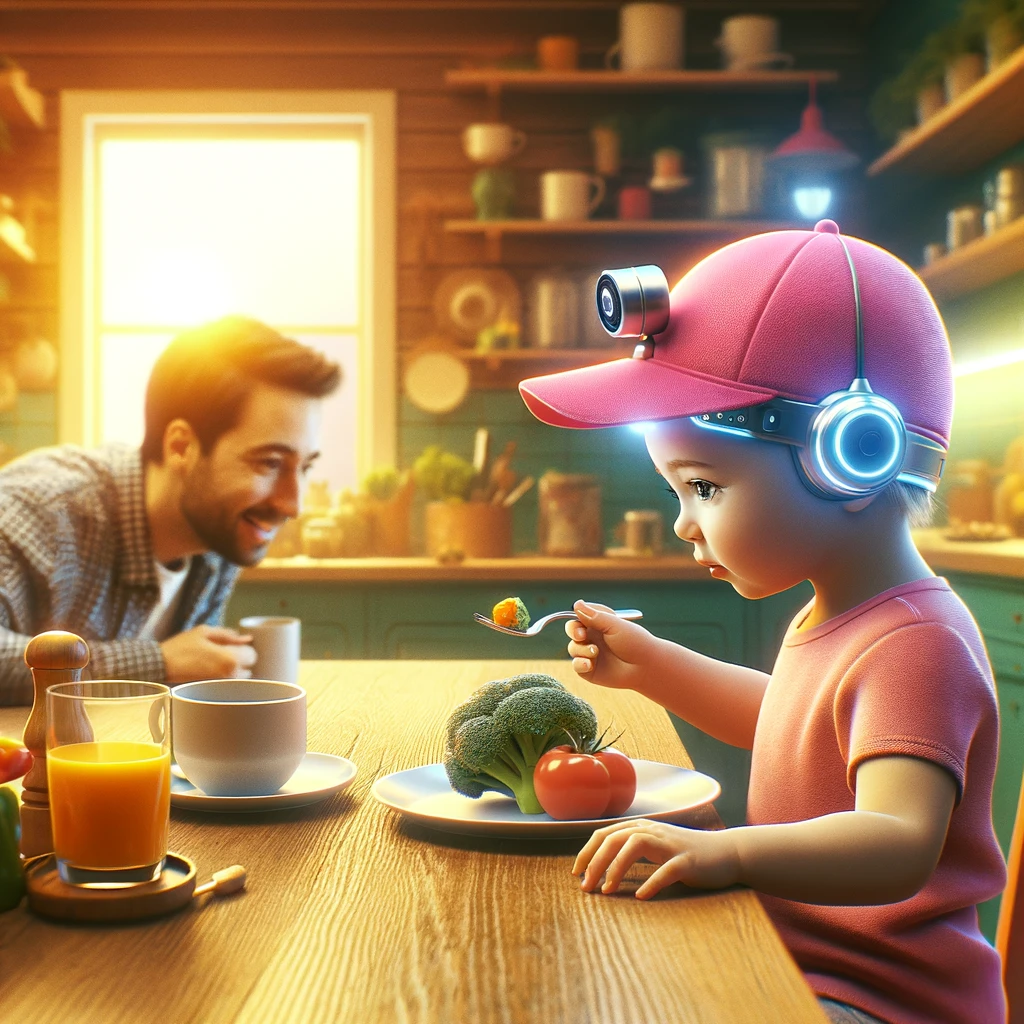 A toddler at a breakfast table, wearing a bright pink cap with a camera, interacting with parents in a cozy kitchen setting, symbolizing learning and technology integration.