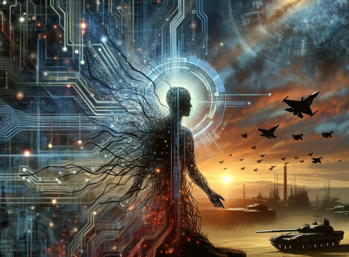 A human silhouette intertwined with digital elements against a war-torn landscape, symbolizing AI's role in warfare.