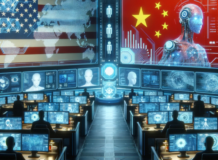 Futuristic AI control room with digital maps, symbolic US and China flags, and high-tech surveillance elements.