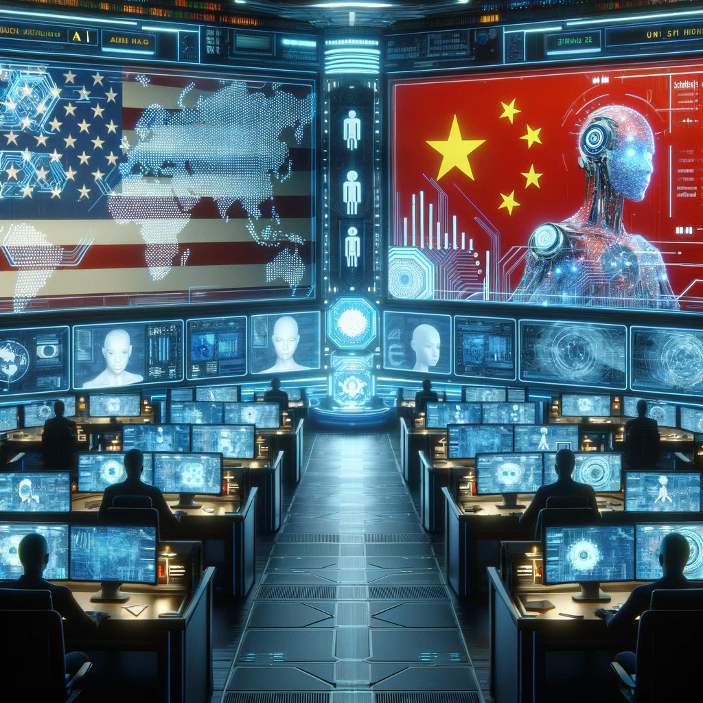 Futuristic AI control room with digital maps, symbolic US and China flags, and high-tech surveillance elements.