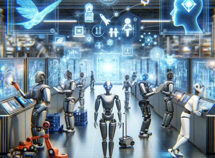 A futuristic digital illustration showing robots and AI systems performing various jobs in an advanced, high-tech environment.