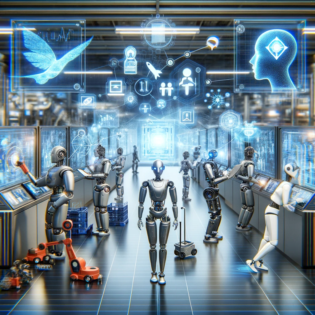 A futuristic digital illustration showing robots and AI systems performing various jobs in an advanced, high-tech environment.